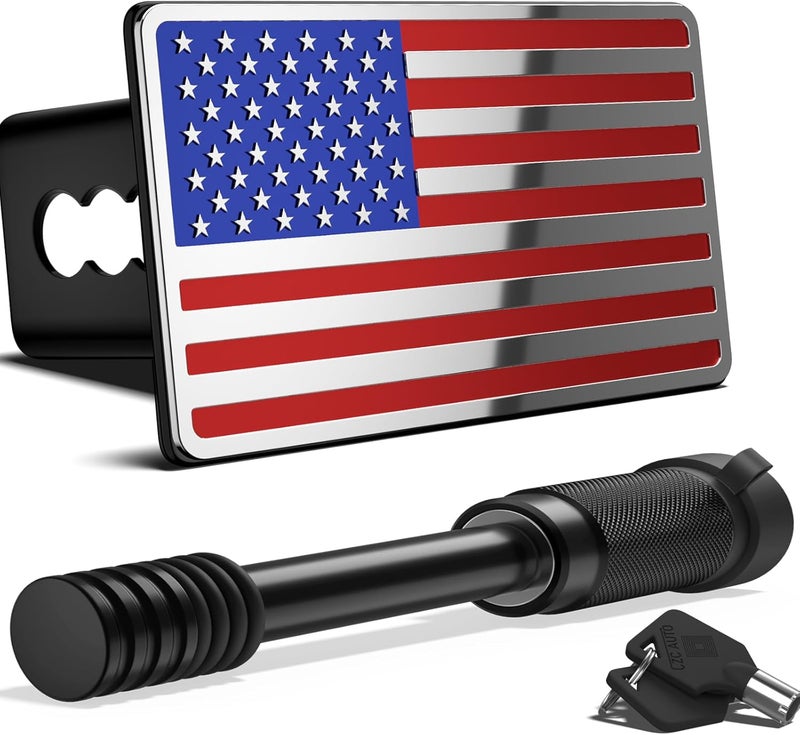 OGYE 2 Inch Trailer Hitch Cover with American Flag, Heavy Metal Trailer Hitch Cover Fit for 2 Inch Hitch Receivers (with 5/8" Pin Dia Anti-Theft Trailer Hitch Lock),3 * 5" Blue/Red/Chrome - Image 1